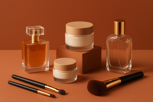 Imagen elegante y minimalista para una tienda de belleza, con fondo principal en el tono #C85D3D, iluminación suave, ambiente sofisticado, elementos de cosmética y cuidado personal (como frascos de perfume, cremas, brochas de maquillaje) dispuestos de forma artística, sombras delicadas, estética limpia y moderna, estilo fotográfico profesional, alta resolución, ideal como imagen de colección para Shopify.