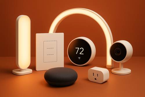 Imagen futurista y elegante de un hogar inteligente, con fondo en tono #C85D3D, dispositivos modernos como interruptores inteligentes, luces LED, cámaras de seguridad, altavoces inteligentes y termostatos, todo dispuesto de forma artística, iluminación suave y tecnológica, estilo minimalista y premium, estética fotográfica de catálogo, alta resolución, ideal como imagen de colección para tienda online de domótica.